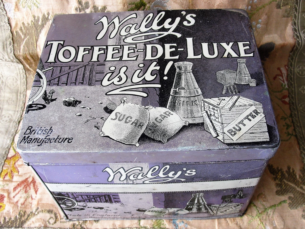 ANTIQUE Large Old Confectionery Tin,Wallys Toffee de Luxe,Tin Box,British Candy Tin,English Tin Box,Kitchen Farmhouse Decor,Collectible Tins