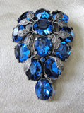 GORGEOUS Art Deco Large Dress or Fur Clip Brooch,Sparkling Blue Czech Glass Stones,Detailed Silver Tone Leaves,Fashion Accessory,Collectible