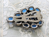 GORGEOUS Art Deco Large Dress or Fur Clip Brooch,Sparkling Blue Czech Glass Stones,Detailed Silver Tone Leaves,Fashion Accessory,Collectible