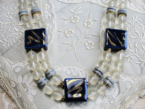 BEAUTIFUL Vintage 1950s-60s Japanese Ceramic n Glass Necklace,Unique Necklace, Frosted Glass Beads,Vintage Made In Japan Jewelry,Collectible