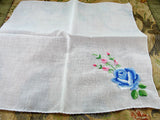 LOVELY Vintage Hankie, Handkerchief ,Delicate Dainty Hand Embroidery, BLUE and PINK Roses Flowers Hanky, Bridal Hankies, Vintage Hankies