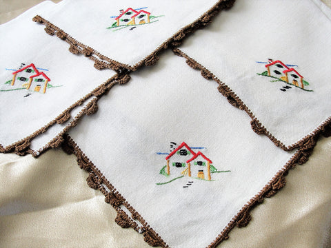 CHARMING Linen Napkins,Embroidered Cottages,Luncheon Tea Dinner Napkins,Quality Linens,Vintage Linens, Farmhouse,French Decor,Collectible