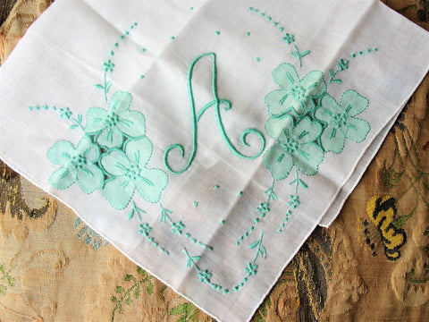 LOVELY Vintage Madeira Hanky,Embroidered Applique Aqua Blue Roses,Monogram A Hankie,BRIDAL WEDDING Handkerchief,Marghab,Collectible Hankies