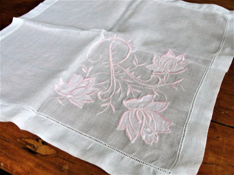 Breathtaking Vintage Madeira Hanky,Monogram R, BRIDAL WEDDING HANDKERCHIEF, Pink Applique,Raised Embroidery Work Hankie, Collectible Hankies