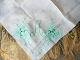 LOVELY Vintage Madeira Hanky,Embroidered Applique Aqua Blue Roses,Monogram A Hankie,BRIDAL WEDDING Handkerchief,Marghab,Collectible Hankies