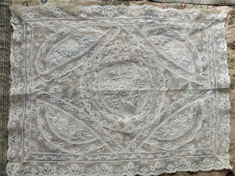 AMAZING Antique French Normandy Lace Tray Cloth,Gorgeous Lace Hand White Work Embroidery, Lace Boudoir Cloth,Chateau Decor,Collectible Lace