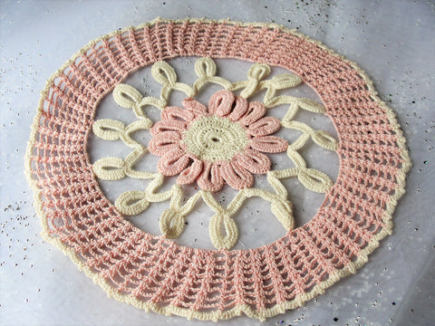 BEAUTIFUL Vintage Doily Pink and Creamy White Hand Crocheted Doily Farmhouse Decor,Romantic Cottage Decor,French Country Collectible Doilies