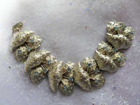 BEAUTIFUL 1950s Floral Bracelet,Textured Silver Tone Metal and Blue Rhinestones,Figural Bracelet,Day or Evening,Vintage Mid Century Jewelry