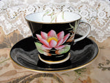 STRIKING Aynsley Teacup and Saucer,Black Cup and Saucer With Pink and Blue Yellow Flowers,Art Deco Teacup,Vintage English Bone China Teacups