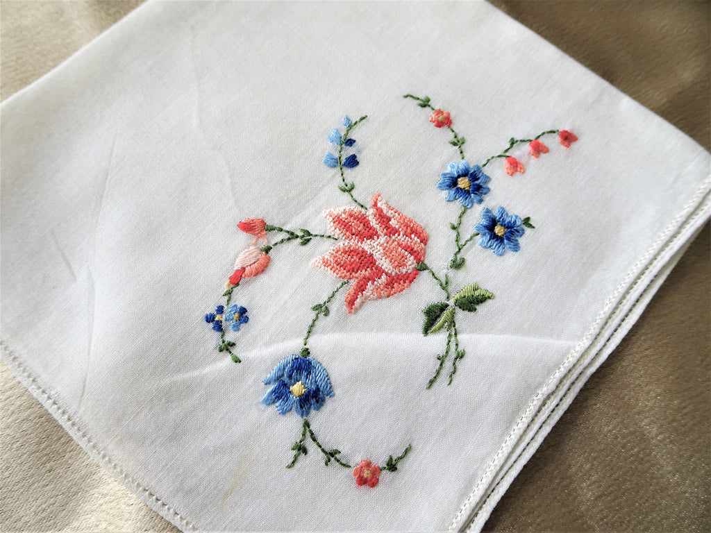 LOVELY VINTAGE HANKIE,Handkerchief,Delicate,Dainty Petit Point Pink Roses Embroidered Blue Flowers Hanky,Something Old, Bridal Gifts