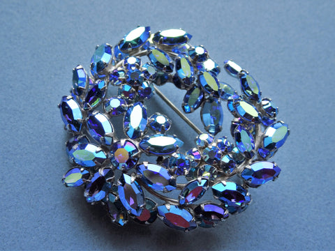 Vintage SHERMAN Signed Glittering AB BLUE Rhinestones,Multi Layered Swirl Brooch,Dazzling Swarovski Crystal,Collectible Jewelry,50s Brooches