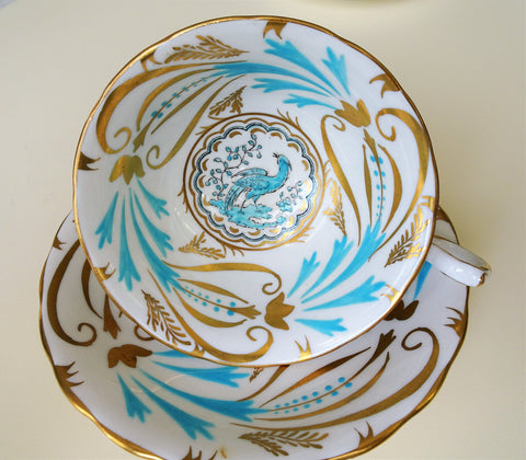 LUXURIOUS Hand Painted Teacup and Saucer,English Bone China Royal Chelsea,Turquoise Enamel and Lush Gold,Bird Motif,Luxurious Cup and Saucer