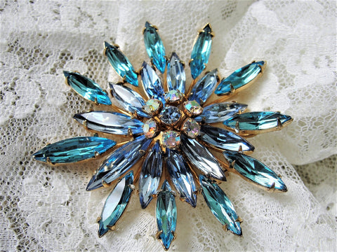 LOVELY Huge Layered Art Glass Rhinestone Brooch Pin,Floral Design,Aqua Blue,Blue and Aurora Borealis Stones, Mid Century,Collectible Jewelry