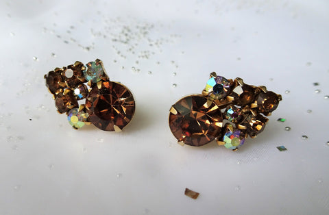 SPARKLING Art Glass Earrings Signed Keyes,Vintage Topaz color Glass and AB Rhinestones Clip On Earrings, Collectible Mid Century Jewelry