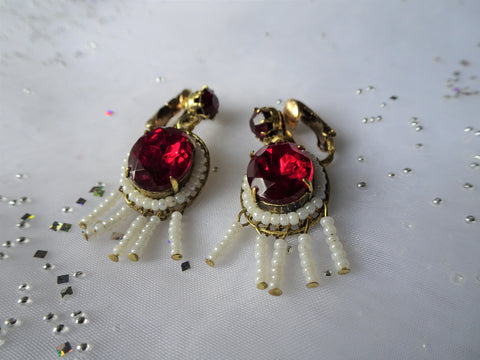 LOVELY Ruby Color Glass Drop Earrings,Faceted Red Glass Clip On Earrings,Glass Seed Pearls,Vintage Dangling Earrings,Collectible Jewelry