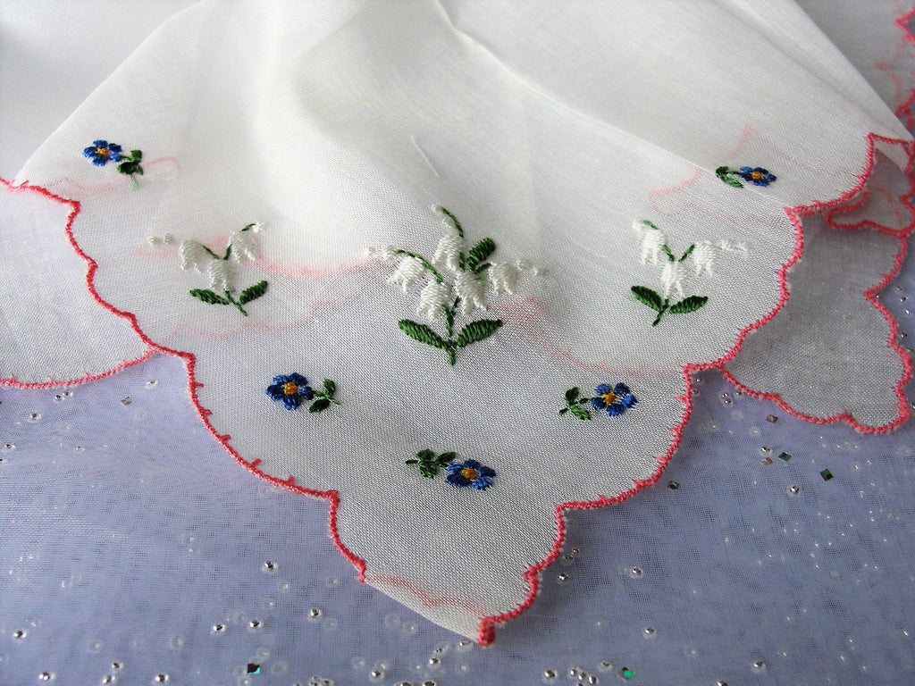 LOVELY Swiss Handkerchief,Delicate Dainty Hand Embroidery,Lily of Valley and Blue Flowers Hanky,Bridal Hankies,Collectible Vintage Hankies