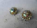 DAZZLING Art Glass Earrings,Mirror Like Sparkling Aurora Borealis Rhinestones,1950s Clip On Earrings,Mid Century,Collectible Vintage Jewelry