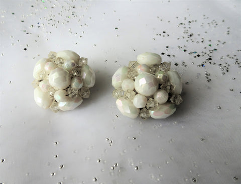 BEAUTIFUL Vintage Earrings,Aurora Borealis White Faceted Art Glass Beads,Sparkling Glass Cluster Clip On Earrings, 1950s Collectible Jewelry