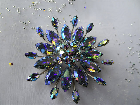 Vintage SHERMAN Brooch,Dazzling Peacock BLUE Rhinestones,Large Flower Design,Swarovski Crystal,Collectible Jewelry,50s Mid Century Jewelry