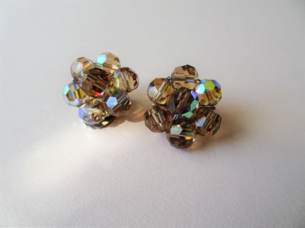 DAZZLING Crystal Glass Earrings,Sparkling Aurora Borealis Topaz Crystals,1950s Clip On Earrings,Mid Century,Collectible Vintage Jewelry