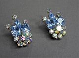 LOVELY Vintage Blue Crystals ,AB Rhinestone Glass Earrings,Floral Design,Austrian Crystals Mid Century Clip On Earrings,Collectible Jewelry