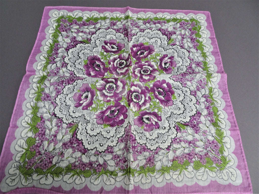 50s VINTAGE Printed Purple Flowers Hanky,Colorful Floral Handkerchief,Collectible Hankies,Shabby Chic Hankie,Collectible Mid Century Hankies