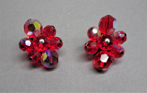 DAZZLING Crystal Art Glass Earrings,Sparkling Aurora Borealis RED Crystals,1950s Clip On Earrings,Mid Century,Collectible Vintage Jewelry