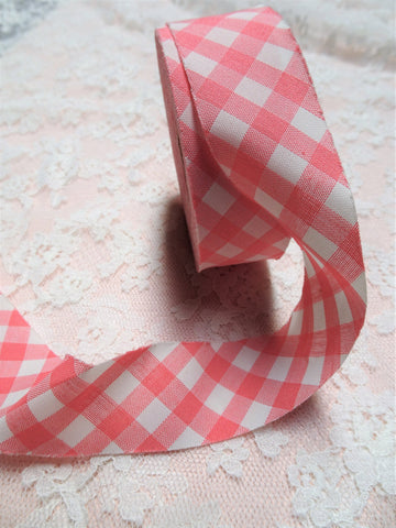 LOVELY Vintage French Pink White Gingham Ribbon Trim Bias Cut Cotton For Aprons,Childrens Clothing,Sewing Projects,Farmhouse Decor,Wedding