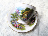 SWEET Royal Vale English Bone China Teacup and Saucer,English Thatched Cottage,Rich Colors,Pedestal Cup,Collectible Vintage Teacups