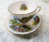 SWEET Royal Vale English Bone China Teacup and Saucer,English Thatched Cottage,Rich Colors,Pedestal Cup,Collectible Vintage Teacups