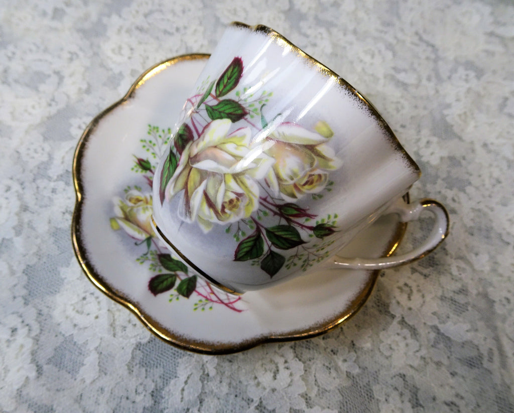 LOVELY Teacup and Saucer Salisbury English Bone China,Lush White Rose Flowers,Vintage Cup and Saucer,Tea Time China, Collectible Teacups