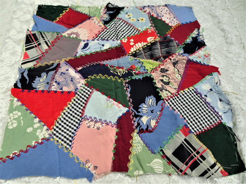 BEAUTIFUL Antique Crazy Quilt Large Block,Perfect For Cushion,Selection of Hand Embroidery,Lovely Fabrics,Charming To Frame,Farmhouse Decor
