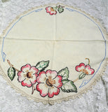 ANTIQUE Linen Table Centerpiece Silk Floral Embroidery,Lovely Handwork,Pinks Greens,Lace,Mission Oak Furniture, French Country, Farmhouse