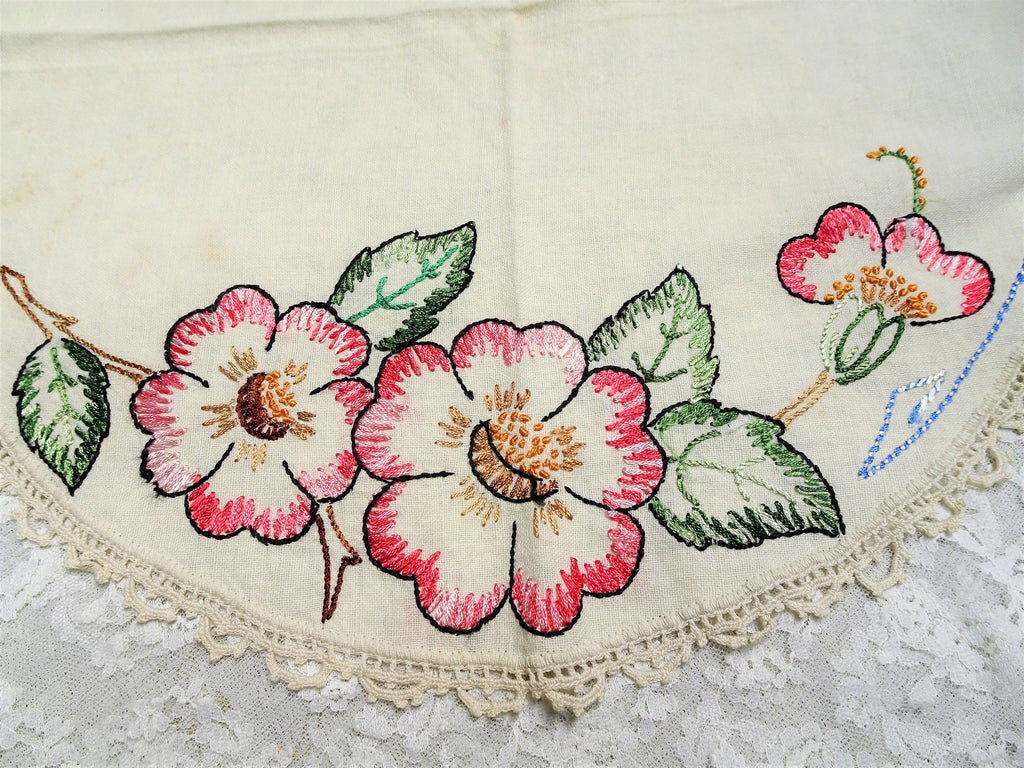 ANTIQUE Linen Table Centerpiece Silk Floral Embroidery,Lovely Handwork,Pinks Greens,Lace,Mission Oak Furniture, French Country, Farmhouse