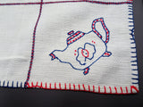 VINTAGE Farm House Luncheon Tea Tablecloth Off White and French Blue Red Embroidery,French Country,Cottage Decor, Collectible Vintage Linens