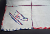 VINTAGE Farm House Luncheon Tea Tablecloth Off White and French Blue Red Embroidery,French Country,Cottage Decor, Collectible Vintage Linens