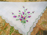 LOVELY VINTAGE HANKIE,Handkerchief,Delicate,Dainty Purple Flowers Hand Embroidered Hanky,Sweet Raised  Flowers,Something Old Bridal Gift