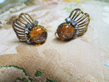 SPARKLING Vintage 50s Earrings,GLITTERING Art Glass,Amber Color Glass,Aurora Borealis Rhinestones,Screw Back Earrings,Collectible Jewelry