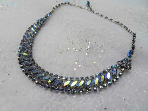 EXCEPTIONAL Elegant Necklace Brilliant Blue Aurora Borealis,Swarovski Rhinestones,Bridal Jewelry,Vintage 50s COLLECTIBLE Jewelry
