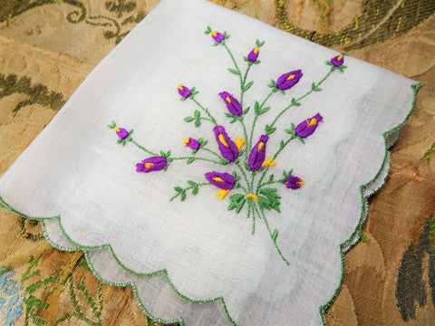 LOVELY VINTAGE HANKIE,Handkerchief,Delicate,Dainty Purple Flowers Hand Embroidered Hanky,Sweet Raised  Flowers,Something Old Bridal Gift