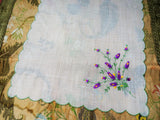 LOVELY VINTAGE HANKIE,Handkerchief,Delicate,Dainty Purple Flowers Hand Embroidered Hanky,Sweet Raised  Flowers,Something Old Bridal Gift