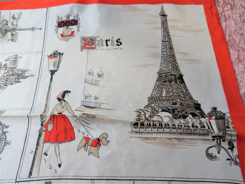 STRIKING Souvenir Scarf,City of PARIS Points of interest Scarf,Poodle Dog, European Scarf,Wear It or Frame it,Collectible Vintage Scarves