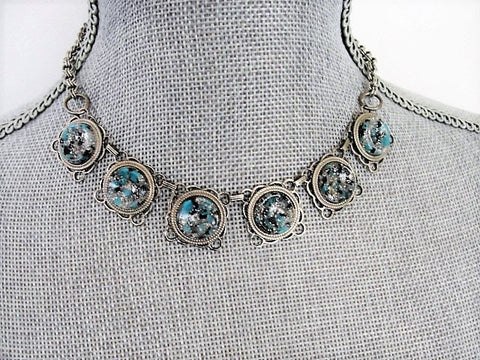 FABULOUS 1950s Unique Mottled Turquoise Art Glass Stones and Silver Tone Metal Necklace Wear or Collect Vintage Costume Jewelry