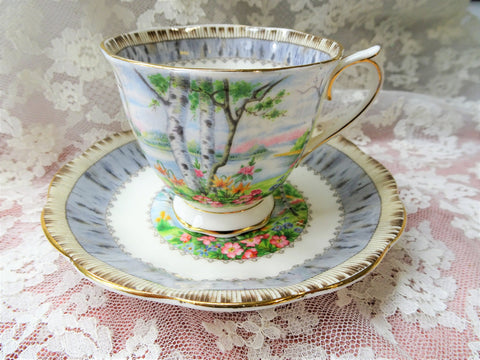 VINTAGE Royal Albert English Bone China Teacup and Saucer Silver Birch Pattern,Lush Colors,Lavish Gold Trim, Pedestal Cup and Saucer