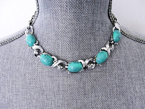FABULOUS 1950s Mid Century Necklace,Turquoise Glass Stones and Silver Tone Metal Necklace,Striking Design, Collectible Vintage Jewelry