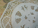 BEAUTIFUL Antique Doily,Hand Made Wide Lace Edge Linen Doily,Embroidered and Lots of Handwork,Vintage Linens,Chateau Chic,Farmhouse Linens