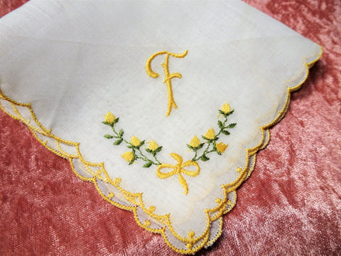 VINTAGE 1950s Monogram F Hanky Pretty Floral Embroidery Handkerchief,YellowRoses Hankie,Collectible Vintage Hankies