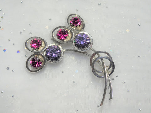 FABULOUS Vintage Continental Floral Spray Brooch, Faceted Fuchsia Purple Glass Stones, Silver Tone Metal, Unique Design, Mid Century Jewelry