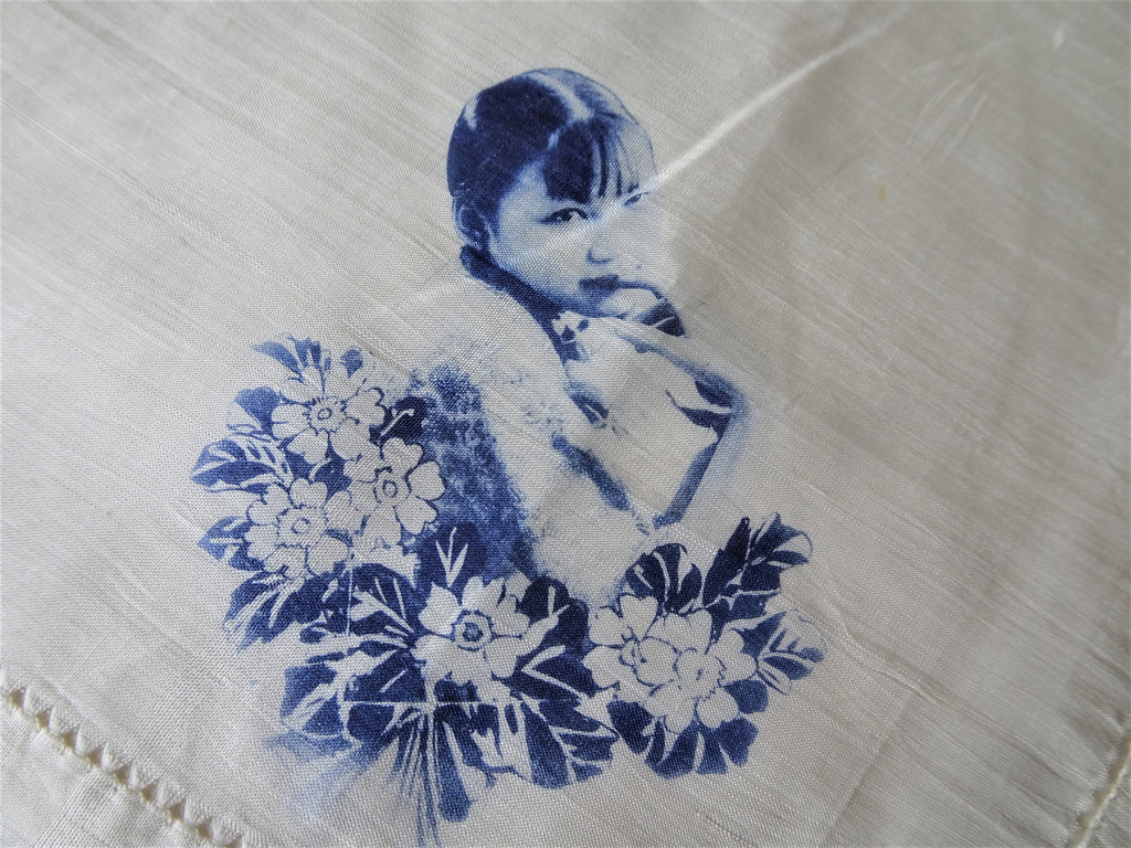 BEAUTIFUL Antique Silk Hanky, Blue Oriental Girl Silk Screened, Unique Vintage Handkerchief, Frame It, Collectible Vintage Hankies