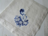 BEAUTIFUL Antique Silk Hanky, Blue Oriental Girl Silk Screened, Unique Vintage Handkerchief, Frame It, Collectible Vintage Hankies